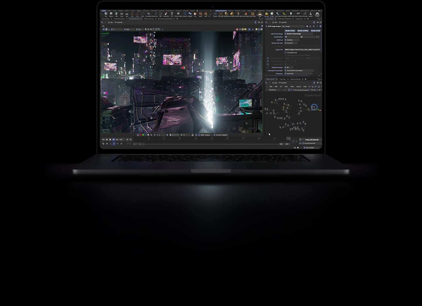 MacBook Pro OLED touchscreen con display PROLED XDR: prezzi Italia 3 MacBook Pro da 16 pollici con display PROLED XDR, nero siderale, che mostra il rendering 3D di un panorama urbano in Houdini